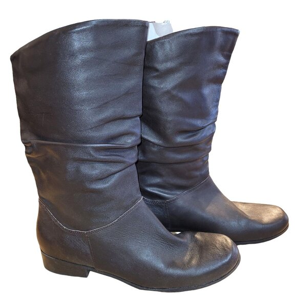 Womens 8 Dark Brown Faux Leather Mid Calf Slouch Boots Low 1” Block Heel - Picture 2 of 6